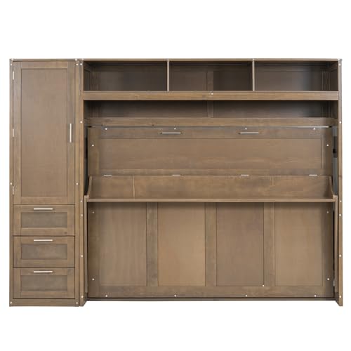 Harper & Bright Designs Full Size Murphy Bed with Wardrobe, Drawers and Open Shelves, Wooden Full Platform Bed, Hidden Foldable Bed Frame, Wall Bed for Home Office or Small Room,Antique Wood Harper & Bright Designs