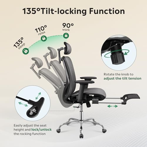 DEVAISE Ergonomic Mesh Office Desk Chair, Retractable Footrest and Adjustable Lumbar Support, Comfy High Back Reclining Computer Gaming Chair, Tilt Function, Heavy Duty, SGS Class 4 Gas Lift, Grey DEVAISE