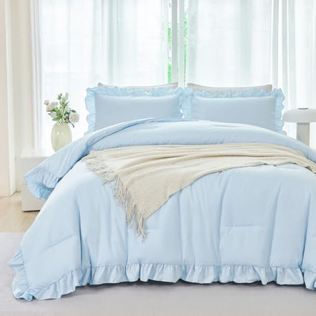 ANGIYUIN 5 Pieces Light Blue Full Bed in A Bag for Kids Girls Ruffle Bedding Sets Boho Comforter Set Vintage Farmhouse Bedding Comforter Sets with Sheets(Light Blue Full) ANGIYUIN