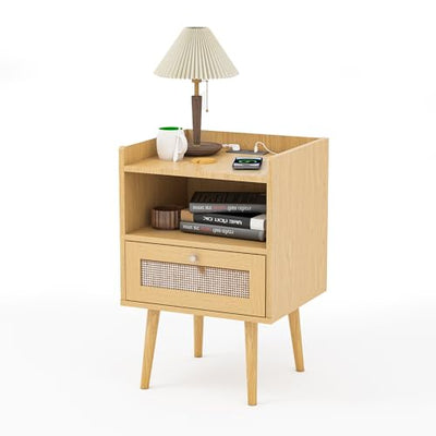 MECHYIN Rattan Nightstands, Bedside Tables with Charging Station, Rattan Drawers Nightstands, Rattan End Table with Solid Wood Feet, Side Table Nightstands sets for Bedroom - Natural