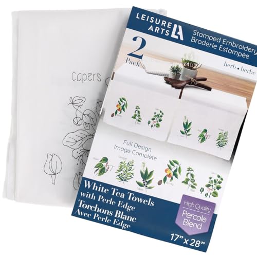 LEISURE ARTS Stamped Embroidery Tea Towels – 2 Pack Herbs Designs 17”x28” | Beginner Hand Embroidery Kit for Adults | Perle Edge Cotton Blend Towels w/DMC, Anchor & Coats Floss Guide