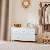 OLIXIS 5 Drawer Dresser Nightstand Classic White, Wooden Top Metal Frame Fabric Storage Organizer for Bedroom Living Room Entryway, Wide TV Stand Closet Chest Furniture OLIXIS