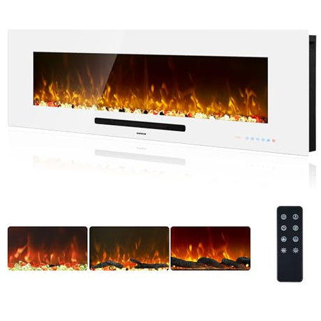 Oxhark Flame 50 inch Electric Fireplace, Recessed & Wall Mounted Fireplace Heater with Remote Control and 750/1500W Thermostat, Multicolor Flame Combinations, Logs & Crystal, White Oxhark Flame