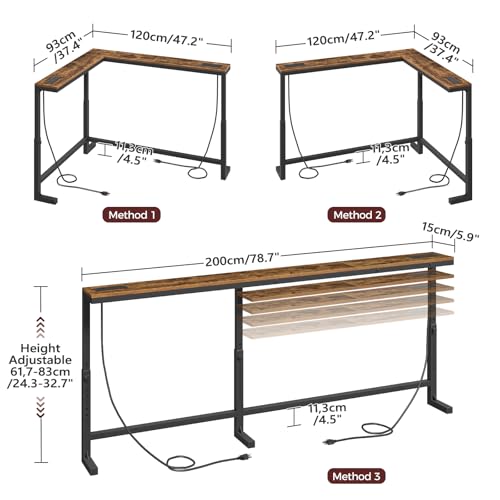 MAHANCRIS 78.7'' Narrow Console Table with Adjustable Height (24.3"-32.7") & 2 Power Outlets, Skinny Sofa Table Behind Couch, L-Shaped Long Entryway Table for Living Room, Rustic Brown CTHR820E01 MAHANCRIS