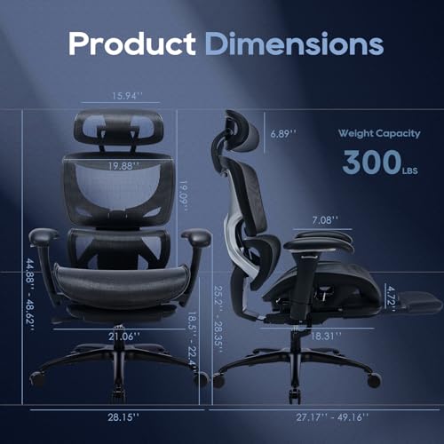 COLAMY Ergonomic Mesh Office Chair with Footrest, Executive High Back Computer Desk Chair with Wide Headrest and Adjustable 3D Arms, Backrest Height, Tilt Lock and Lumbar Support, Black COLAMY