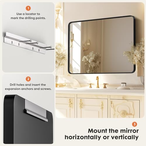 Sweetcrispy Black Bathroom Vanity Mirror for Wall, 22x30 Inch Metal Framed Wall Mirror Farmhouse Rectangle, Anti-Rust, Tempered Glass, Hangs Horizontally or Vertically Sweetcrispy