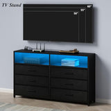 Loomie 6 Drawers Dresser with Power Outlets and LED Lights, Black Dresser with 2 Top Cubby, Tall Wide Fabric Double Chest of Drawers,Modern Dresser Tv Stand for up to 60" TV for Bedroom, Living Room Loomie