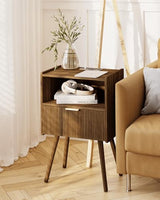 JOONEE Nightstand with Outlet,Modern Bedside Table with Storage Drawer and Open Wood Shelf, for Living Room, Bedroom and Small Spaces, Accent Night Stand with Solid Wood Legs, Easy Assembly,Brown JOONEE
