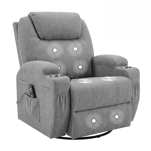 JUMMICO Small Swivel Rocker Recliner, 360 Rocking Chair Recliner with Massage, Upholstered Fabric Rocker Recliner with Cup Holder for Living Room, Bedroom, Nursery (Gray)