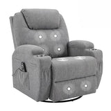 JUMMICO Small Swivel Rocker Recliner, 360 Rocking Chair Recliner with Massage, Upholstered Fabric Rocker Recliner with Cup Holder for Living Room, Bedroom, Nursery (Gray)