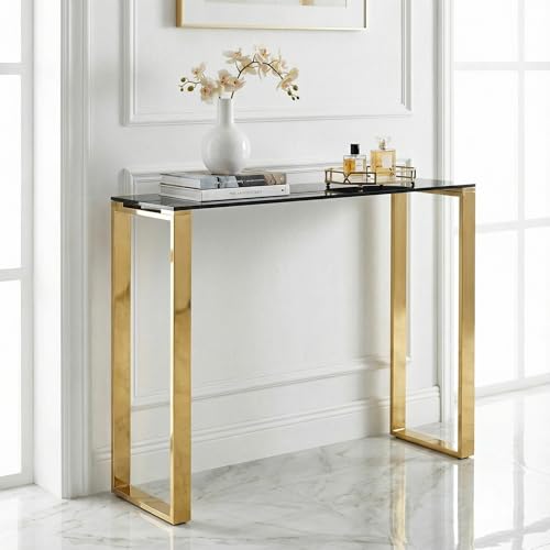 Cortesi Home Remini Narrow Contemporary Glass Console Table in Polished Gold Finish, Black Glass Cortesi Home