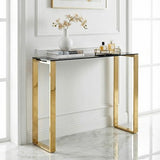 Cortesi Home Remini Narrow Contemporary Glass Console Table in Polished Gold Finish, Black Glass Cortesi Home
