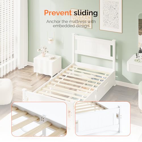 VINGLI Solid Wood Twin Size Bed Frame with Headboard and 2 Storage Drawers,Enhanced Support Single Bed Frame,SModern Minimalist Panel Platform Bed for Kids,Teens, Adults,Guests,Sleigh Bed,White. VINGLI