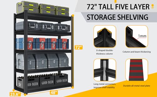 WOZBUD 3000LBS Garage Shelving Heavy Duty 48″W Metal Shelving for Garage,72″H Standing Shelf Units ，5 Adjustable Levels Garage Shelving Units and Storage，Storage Rack for Garage Organazation. - WoodArtSupply