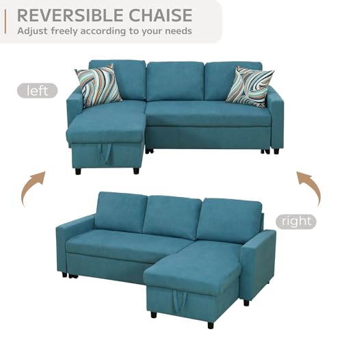 Yafylly L-Shaped Sleeper Sofa with Chaise Lounge & Storage, Pull-Out Couch Bed with Recliner, Full Size Futon for Living Room, Office, Apartment Teal Yafylly