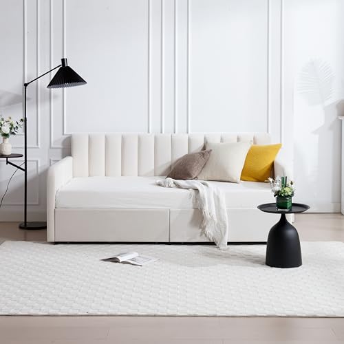 Twin Size Upholstered Daybed with 2 Drawers, Futon Sofa Bed with Storage, Ribbed Tufted Backrest Lavish Modern Design, Couch Bed Frame for Bedroom Living Room Guest Room Apartment,Beige Velvet GDFStudio