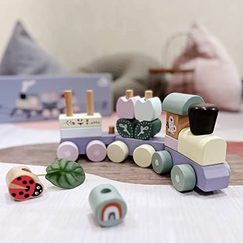 Pillowhale Wooden Stacking Train Toy Set,Wooden Building Blocks Train with Shape Sorter Early Learning Gift for Toddlers Boys Girls 12 Months and up Pillowhale