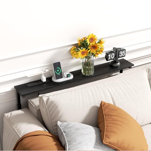GRLEAF 39" Adjustable Height Narrow Console Table with Power Outlets, Long Sofa Table with Charging Station Behind Couch Table Skinny Entryway Table for Living Room, Hallway and Office – Black GRLEAF