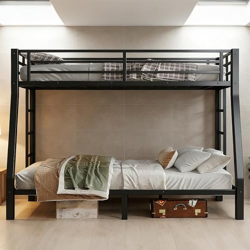 Bellemave Metal Full XL Over Queen Bunk Bed with High Guardrail & Under-Bed Storage, Heavy Duty Bunk Beds Frame with 2 Side Ladders, Full Over Queen Bunk Bed for Adults, No Box Spring Needed, Black Bellemave