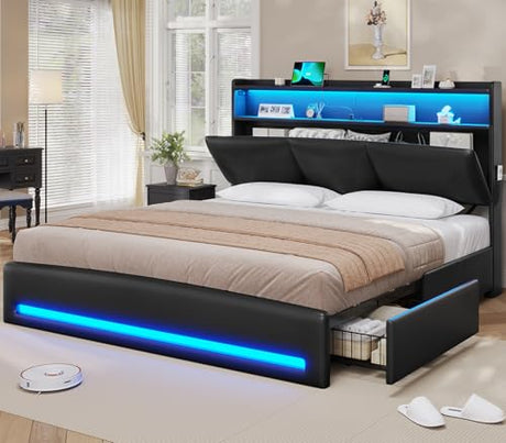 VIAGDO King Bed Frame with Storage Headboard and Charging Station, Leather Upholstered Bed Frame King Size with 4 Drawers and LED Lights, Type C and USB, No Box Spring Needed, Black VIAGDO