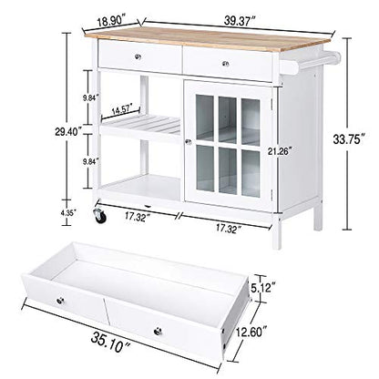 ChooChoo Rolling Kitchen Island, Portable Kitchen Cart Wood Top Kitchen Trolley with Drawers and Glass Door Cabinet, Wine Shelf, Towel Rack, White