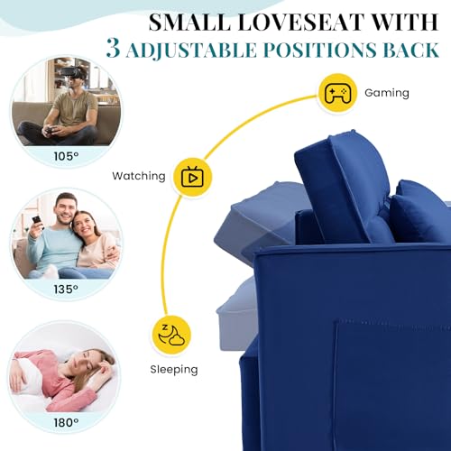Antetek 3 in 1 Convertible Sleeper Sofa Bed, Modern Velvet Loveseat Futon Couch w/Pullout Bed, Small Love Seat Lounge Sofa w/Reclining Backrest, Toss Pillows, Pockets, Furniture for Living Room, Blue Antetek