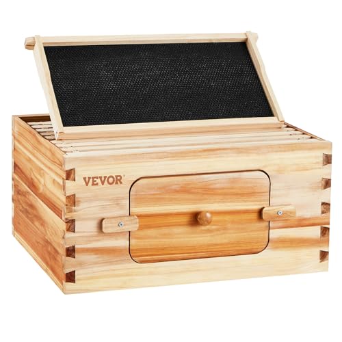 VEVOR Bee Hive Deep Box Starter Kit, 100% Beeswax Coated Natural Cedar Wood, Langstroth Beehive Kit with 10 Frames and Foundations, Transparent Acrylic Bee Windows for Beginners and Pro Beekeepers VEVOR
