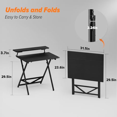 WOHOMO Folding Computer Desk with Adjustable Height, 23.6" x 31.5" x 25.6" Foldable Table with Monitor Stand, Small Office Desk for Bedroom, Space Saving Desk for Home Office, Easy Assemble, Black WOHOMO