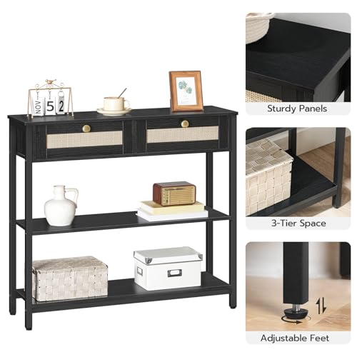 HOOBRO Rattan-Like Narrow Console Table with 2 Drawers, 31.5-Inch Sofa Table with Storage, Open and Hidden Storage Space, Woven Decoration, for Hallway and Foyer, Black BB02XG01 - WoodArtSupply