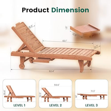 EUNHOO Wooden Chaise Lounge Chair, 3-Position Adjustable Outdoor Tanning Chair with Hidden Side Tray & Wheels, Poolside Patio Sun Chair EUNHOO