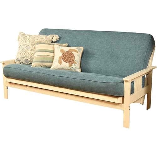HomeStock Full Size Futon Frame with Mattress - Convertible Sofa Bed - Antique White Linen Aqua/Without Storage Drawers HomeStock