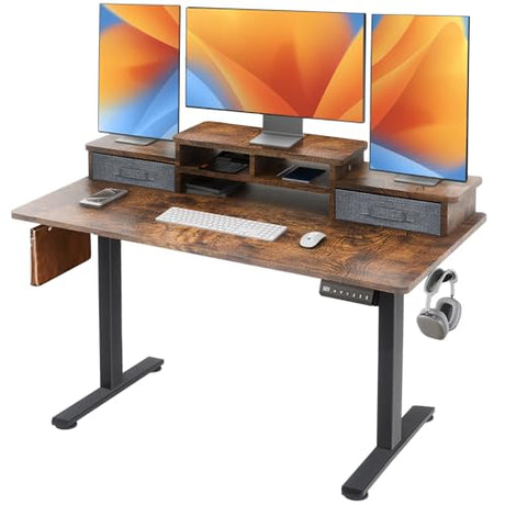 DSNAPE 48x24 Inch Electric Standing Desk with 2 Drawers, Adjustable Height Desk with Storage Shelf, 3 Preset Heights, 2 Hooks and Cable Management, Ergonomic Rising Computer Table for Home Office DSNAPE