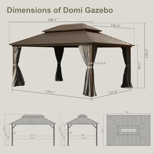 Domi Hardtop Gazebos 12x16FT, Aluminum Metal Gazebo with Galvanized Steel Double Roof Canopy, Curtain and Netting, Permanent Gazebo Pavilion for Patio, Backyard, Deck and Lawn, Brown