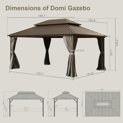 Domi Hardtop Gazebos 12x16FT, Aluminum Metal Gazebo with Galvanized Steel Double Roof Canopy, Curtain and Netting, Permanent Gazebo Pavilion for Patio, Backyard, Deck and Lawn, Brown - WoodArtSupply