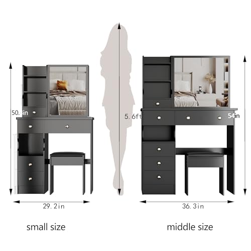 Montary 29.2" Small Size Vanity Desk with Drawers & Sliding Mirror, Cushioned Stool Included, Multi-Layer Storage, Hidden Compartments,Practical & Fashionable Dresser for Small Spaces,Black Montary