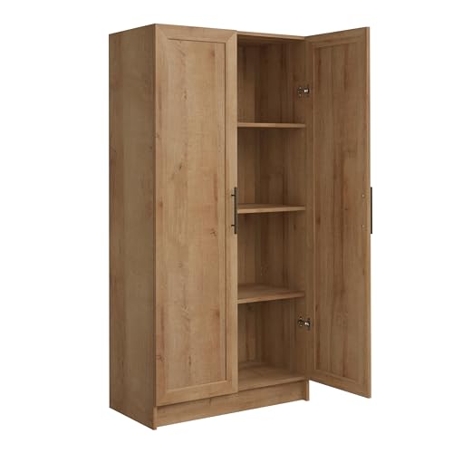 Prepac Natural Oak Elite 65" Tall Accent Kitchen Pantry Cabinet, Craft or Bathroom Storage Cabinet, Buffet Storage with Panel Doors, 3 Shelves, 32" W x 16.75" D x 65" H, Ideal for Home Organization Prepac