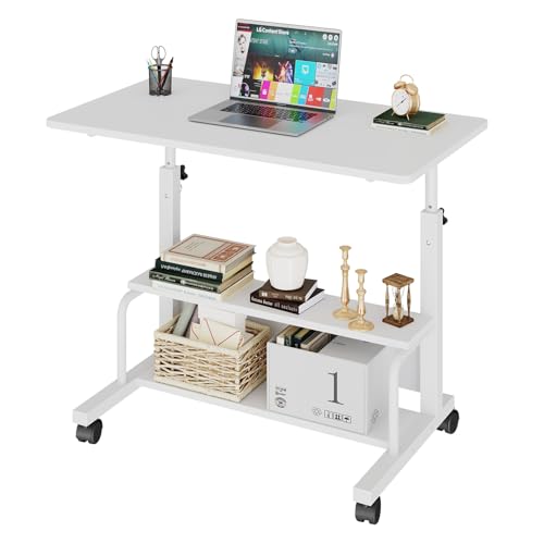 DUMOS 31.5" Manual Standing Desk, Height Adjustable Mobile Computer Desk with Lockable Wheels & 2-Tier Storage, Rolling Laptop Table for Small Spaces & Home Office, White DUMOS