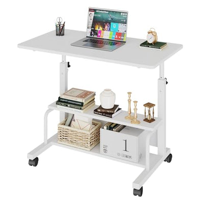DUMOS 31.5" Manual Standing Desk, Height Adjustable Mobile Computer Desk with Lockable Wheels & 2-Tier Storage, Rolling Laptop Table for Small Spaces & Home Office, White