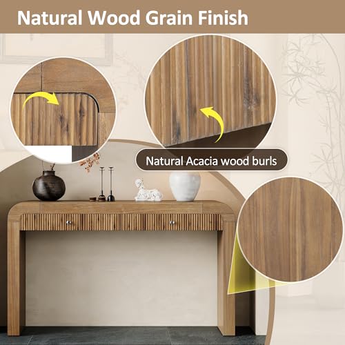 BSYEIO 54.3" Curved Console Table with Fluted Drawer, Rustic Entryway Table and Thick Legs, Sturdy Sofa Table for Hallway & Living Room Wood (Natural) BSYEIO