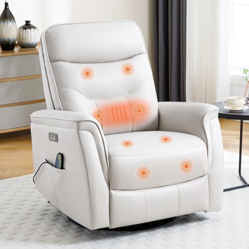 choairy Recliner Chair for Adults, Power Faux Leather Rocker Recliner Massage and Heat, Oversized Swivel Reclining Nursery Chair with USB Ports for Living Room, Office Beige