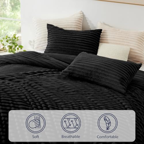EXQ Home Fluffy Comforter Set Twin Size - Super Soft Faux Fur Stripe Jacquard Comforter 2 Pieces, Black Fleece Bedding Set,Winter Warm Bed Set,1 Comforter with 1 Pillowcase EXQ Home