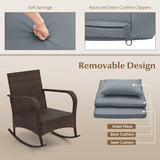 Tangkula 3 Pieces Rocking Bistro Set, Patiojoy Outdoor PE Rattan Rocker Chairs with Removable Cushions & Tempered Glass Top Coffee Table, Outdoor Wicker Furniture Set for Porch, Garden (Grey) Tangkula