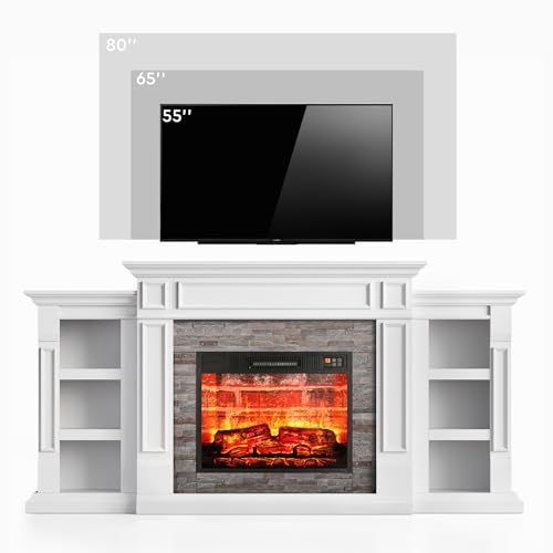 LGHM 72" Electric Fireplace with Mantel, Fireplace TV Stand for TVs Up to 80 Inch, Modern Entertainment Center with Storage, Realistic Stacked Stone Surround with Remote Control for Living Room LGHM