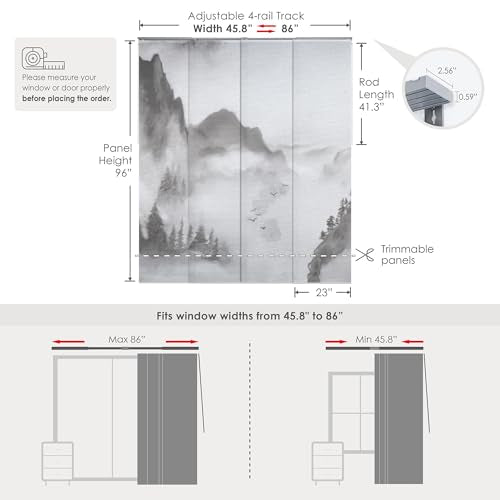 GoDear Design Deluxe Sheer Adjustable Sliding Panel Track Blind 45.8"- 86" W x 96" H, Extendable Track, Shimmering Natural Woven Fabric, Landscape Ink Wash Painting, Digital Art Prints, Shangri-La GoDear Design