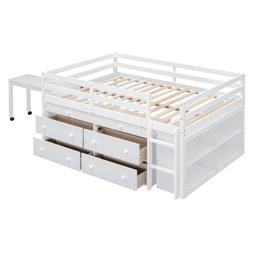 Low Loft Bed with Desk and Storage, Full Size Kids Loft Bed Frame with 4 Drawers and Rolling Portable Desk for Children and Teens, Boys, Girls, White Bellemave