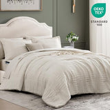 MaiRêve Full Size Comforter Set Beige, Crinkle Textured Design Boho Bedding Set 7 Pieces Bed in A Bag, All Season Geometric Comforter Set with Sheets, Pillowcases & Shams MaiRêve