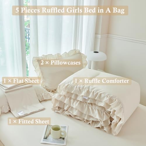ANGIYUIN 5 Pieces Camel Twin Size Comforter Set for Kids Girls Ruffled Bedding Set Boho Farmhouse Bed Sets Shabby Fluffy Elegance Bed in A Bag with Sheets(Camel Twin) ANGIYUIN