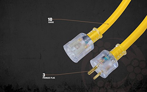 Woods 02689 Southwire Extra Heavy Duty Extension, 100Ft, 10 Gauge, 3 Conductor, Outdoor Cord, Lighted End, SJTW, Yellow, 100 Feet Woods