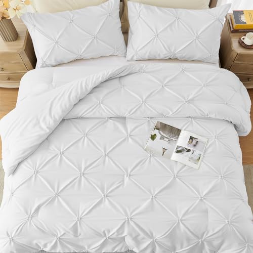 UNIKOME Queen Comforter Set White - Ultra Soft Boho Pintuck Down Alternative Bedding Set for All Seasons, 3 Pieces Lightweight Warm Pinch Pleat Bed Set with Comforter, 2 Pillowcases UNIKOME