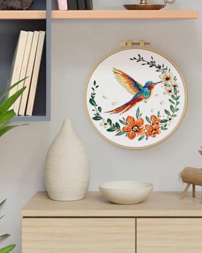 ERKOON Embroidery Kit for Beginners, Hummingbird and Flower Cross Stitch Set for Include Embroidery Cloth Hoops Threads for Craft Lover Hand Stitch (Colorful Hummingbird) ERKOON